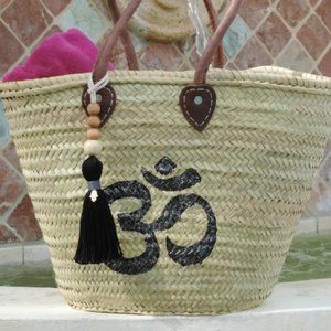 Handmade Straw Yoga Bag with Hand-Painted Black Om Symbol